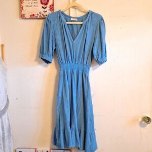 Blue cotton dress flare ruffle sleeve
